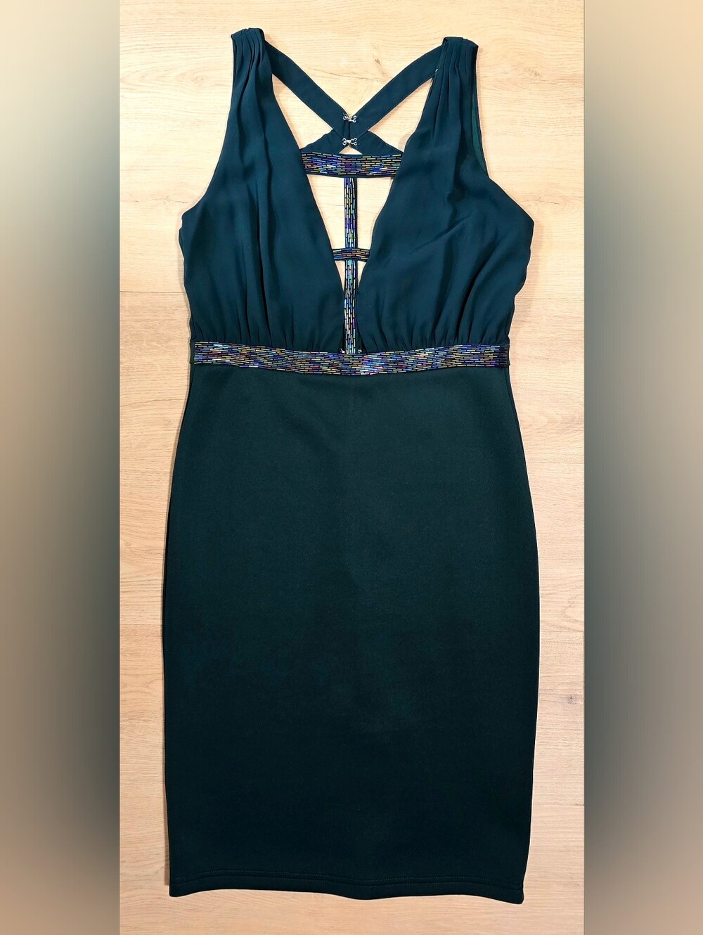 The Clothing Company Forest Green Beaded Strappy Plunging Mini Dress Size Medium